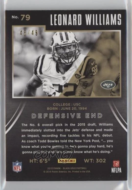 2015 Panini Black Gold Gold Foil /49 Leonard Williams #79 Rookie RC - Image 2 of 2