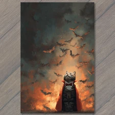 POSTCARD Tabby Cat Vampire Cape Bats Fire Sky Halloween Night