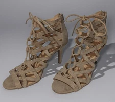 Christian Siriano Strappy Cutout Lace Up Heels Taupe Suede Size 8.5