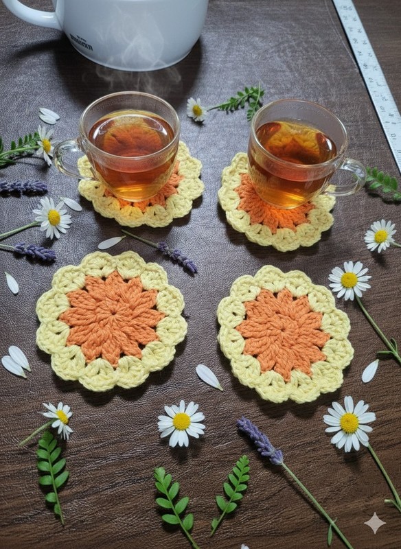 Crocheted Coasters Doilies Handmade, Set Of 4  Cotton  Bright Yellow/orange