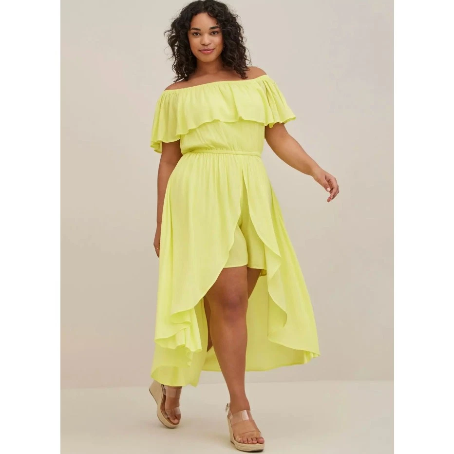 Vestido Torrid Walk-Through Mujer Talla 3X Amarillo Limón Gasa Hombro Descubierto Femenino Foto 4 de 4