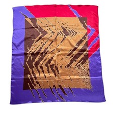 Vintage Large 34" Square Vibrant Abstract Print Silk Scarf Purple Red Brown