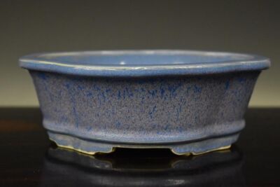 Japanische Bonsaischale Tokoname EIMEI 7,3'' (18,5cm) blau glasiert oval Mokko...