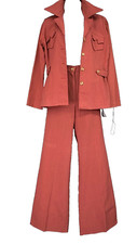 Vintage 1970s rust brown pants suit, brick red wide leg bellbottoms jacket set S