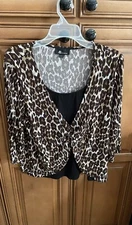 AB STUDIO LAYERED LOOK WOMANS DRESS TOP, ANIMAL PRINT 3/4 SLEEVE, SZ L, EUC