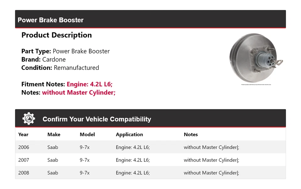 Para 2006-2008 Saab 9-7x 4,2 L L6 Power Brake Booster Cardone 2007 Foto 2 de 4