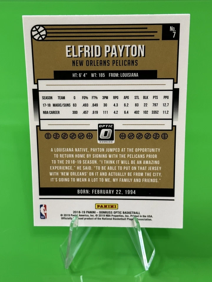 🏀🏀2018-19 Panini Donruss Base óptica #7 Elfrid Payton, New Orleans Pelicans🏀🏀 Foto 2 de 3