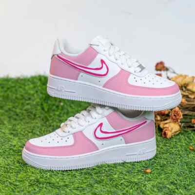 Air Force 1 Low Custom White Shoes Light & Hot Pink Outline Swoosh