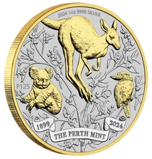 2024 The Perth Mint 125TH ANNIVERSARY Australia 1 oz SILVER Gilded Coin