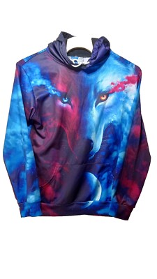 Men Hoodie Blue Red Wolf Allover Print Graphic Pullover Hooded Sweatshirt XL