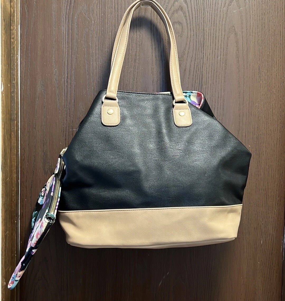 Betsey Johnson Trap Tote Bag Purse Black Floral W Zipper Pouch