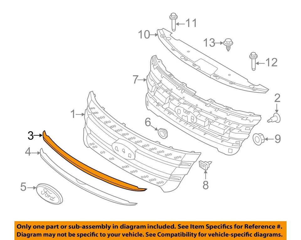 Used Upper Grille fits: 2014 Ford Explorer upper Base w/o police package assembl - Imagem 3 de 4