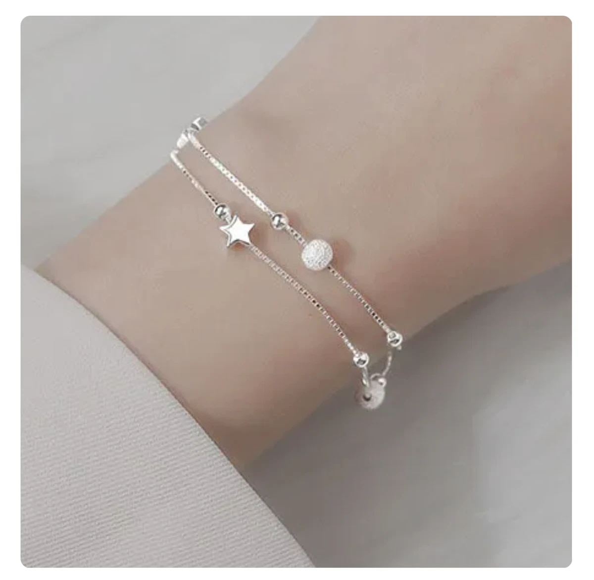 Pretty Silver Plated Star Frosted Ball Chain Link 2 Strand Tennis Bracelet