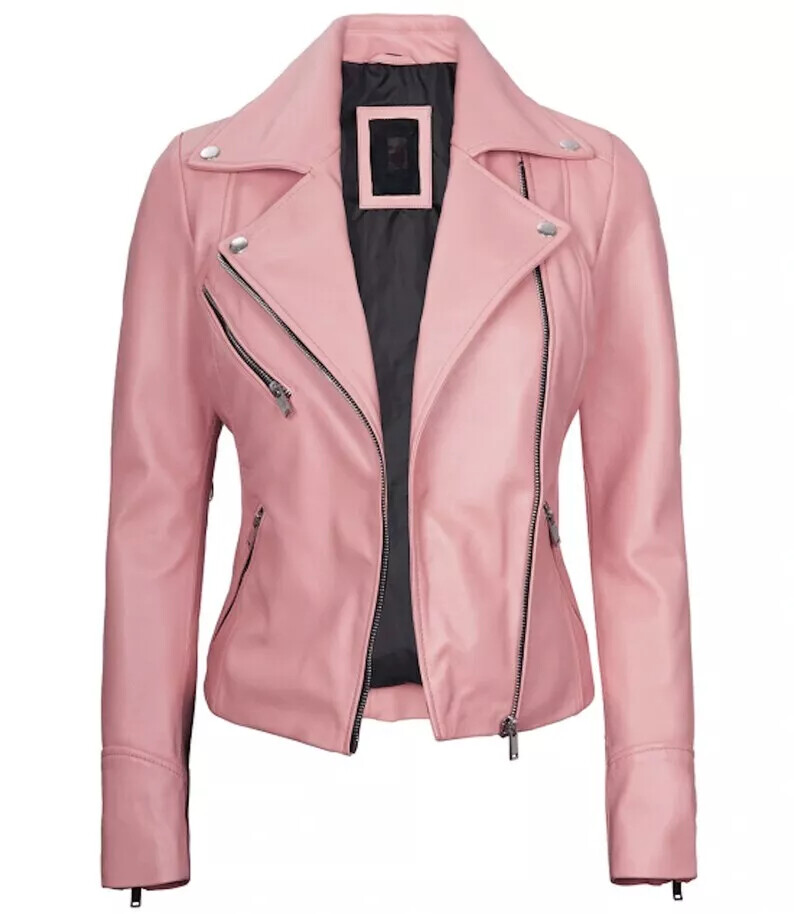 New Women's Pink Leather Jacket Genuine Lambskin Leather Biker