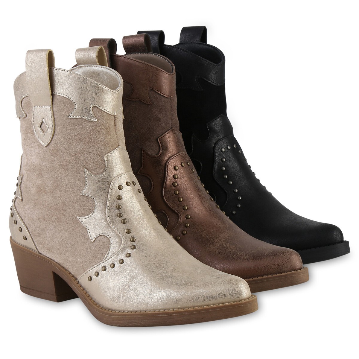 Damen Cowboy Boots Stiefeletten Trichterabsatz Nieten 841510