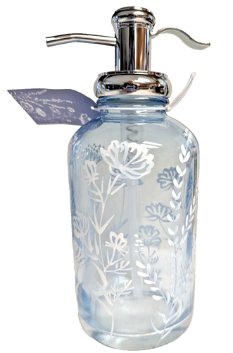 Blue Glass Vintage Style Soap Dispenser Hand Painted Flowers Metal Pump Gift NEW