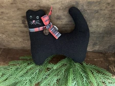 Primitive  Black  Kitty Cat  Shelf Sitter Bowl Filler  Christmas Rusty Bell