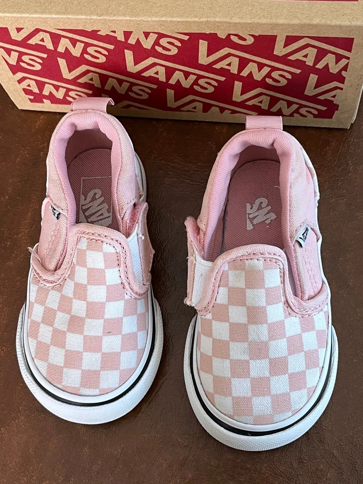 Zapatillas sin cordones Vans rosa a cuadros para niñas pequeñas talla 4 zapatos Foto 3 de 4