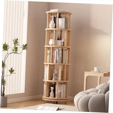 Solid Wood Rotating Bookshelf on Wheels, Round Revolving 5 Tier Natural