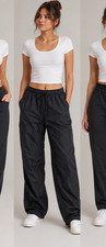 Uniqlo Size L Womens Black Linen Blend Wide Leg Pants Drawstring Casual Relaxed
