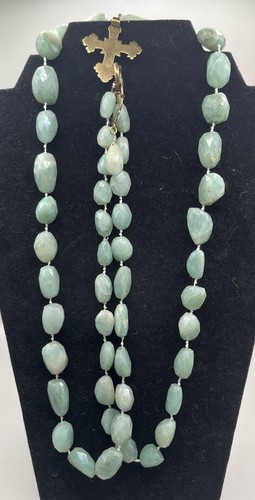 Bittersweet Designs Gold Plated Cross Necklace with Amazonite Green Beads EUC