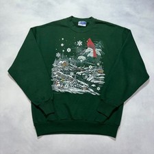 Vintage 90s Winter Cabin Scene Sweatshirt Large Green Cottagecore Made in USA