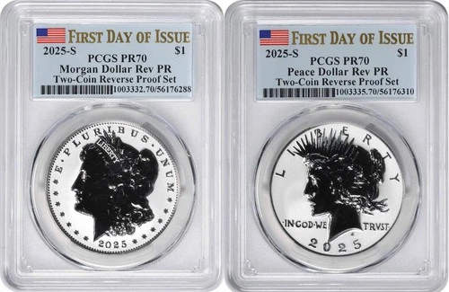 2025-S Morgan and Peace Silver Dollar 2-Coin Reverse Proof Set PR70 FDOI PCGS