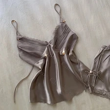 Strap Top&shorts Home Clothes 2Pcs Lingerie Satin Nightwear Women Sexy Lace