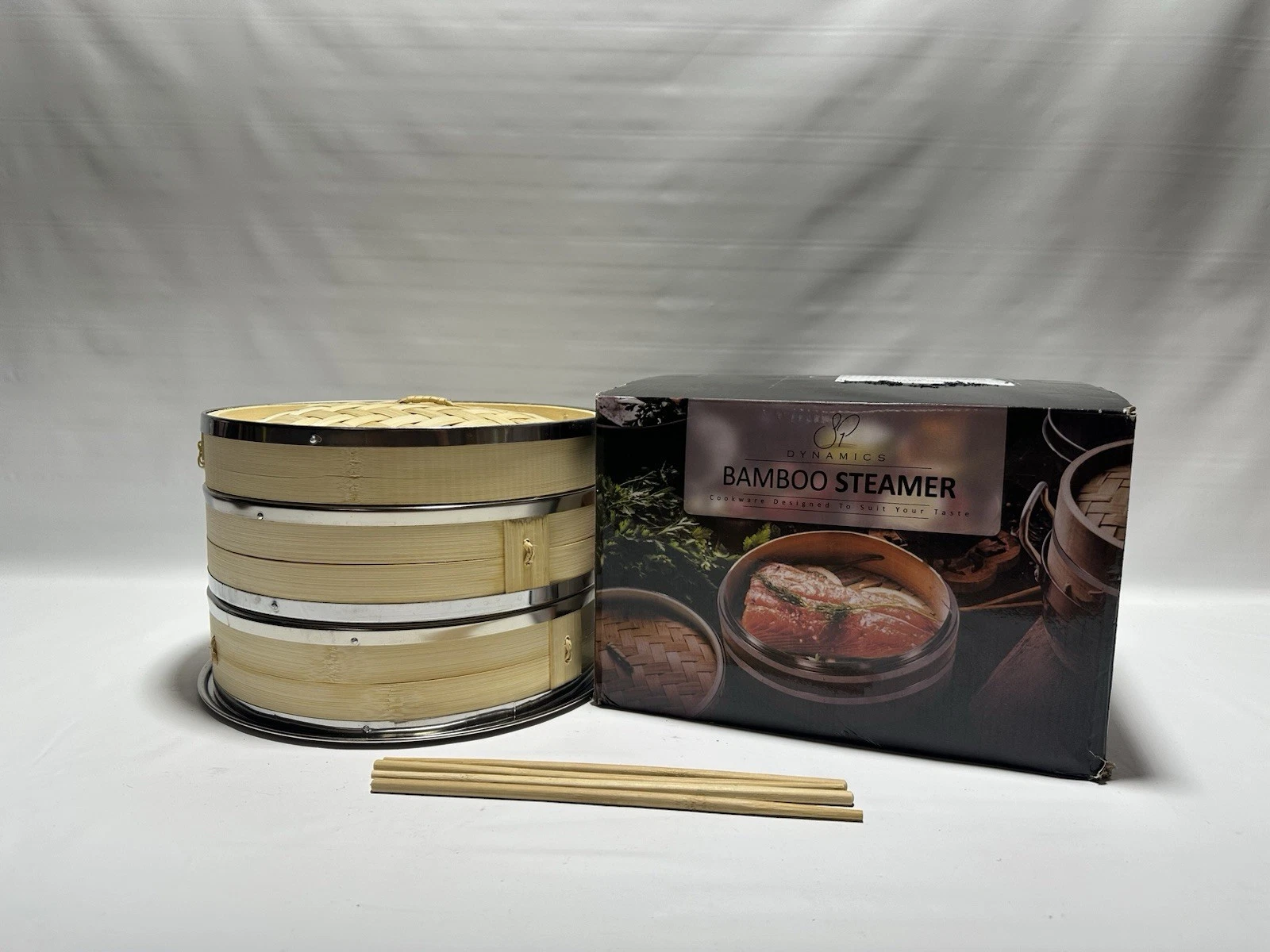 Bamboo Steamer Basket 10in 2 Tier Dumpling Steaming Set w/ Liners Chopsticks
