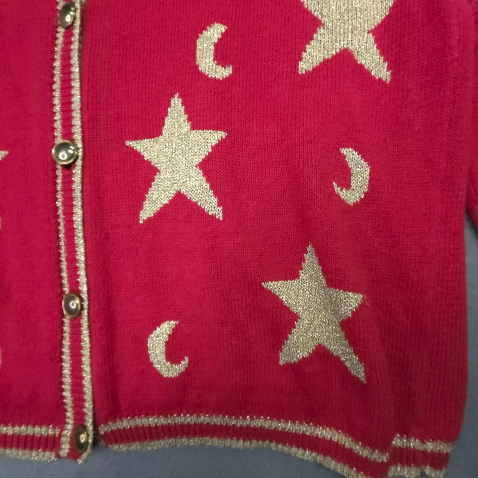 Cárdigan Suéter Epogee Para Mujer L Rojo Dorado Estrellas Celestiales Luna Metálico Holiday Foto 2 de 4