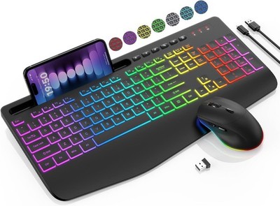 Wireless Keyboard and Mouse Combo - 9 Backlit Effects, RGB, Ergo Wrist Rest, Pho