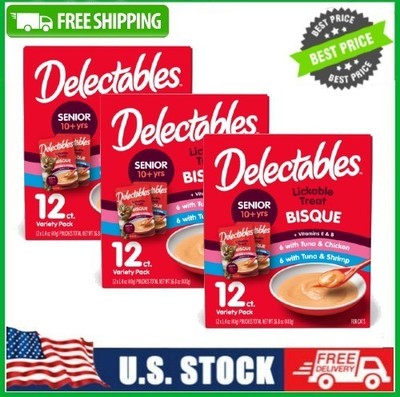 3 Box Delectables Lickable Cat Treats Bisque for 10+ Variety Pack, 12 Count Box
