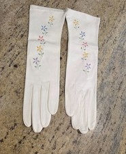 New Vtg Women Size S/M 7 Off-White Leather Embroidered Flower Formal Gloves