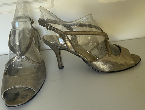 Taranto International 7.5 Beige Gold Speckled Leather Peep Toe Slingback Heels - Picture 13 of 17