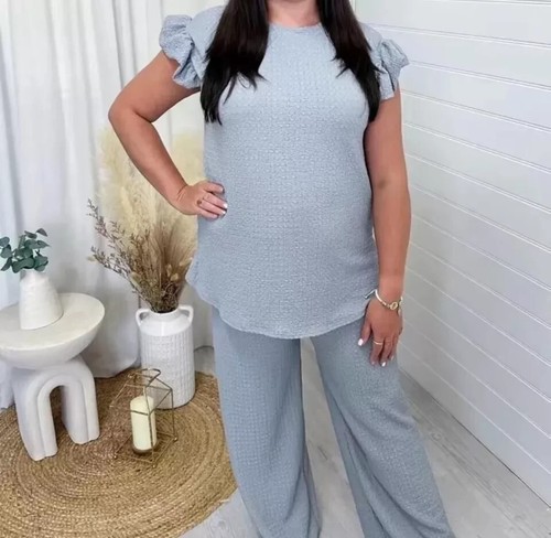 Ladies Frill Sleeve Top Trouser Cheesecloth Loungewear 2PCS Textured Co Ord Set - Picture 9 of 16
