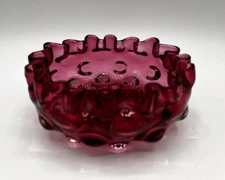 Vintage  - Round Cranberry Bowl - Raised Bubbles & Ruffled/Crimped Edge 4 1/4”