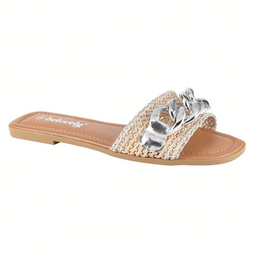 Chanclas planas para mujer punta abierta cuadrada con trenza y decoración blanca - Imagen 28 de 32