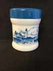 Old Vintage Sea Lighthouse Scene Milk Glass Tobacco Humidor Canister Jar w Lid