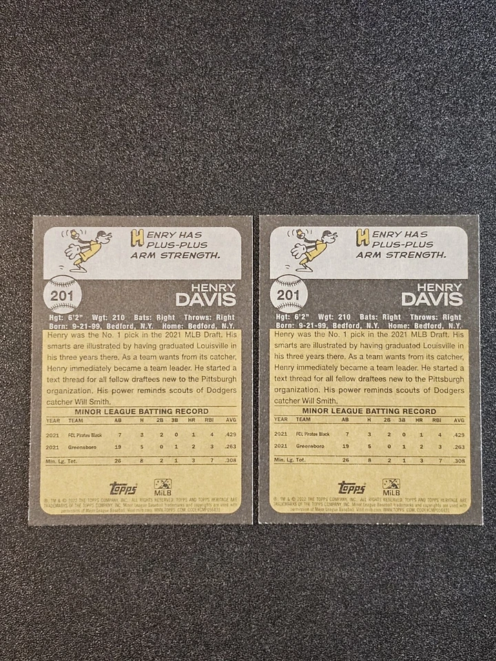 2- Henry Davis 2022 Topps Heritage Minor League High Number SP Variation #201 - Image 2 of 2