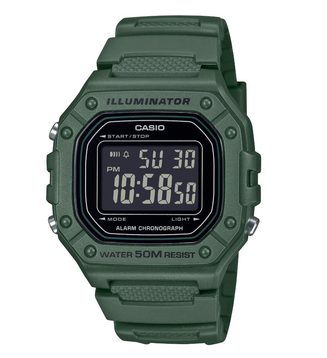 Casio W-218H-3B Black Digital Green Resin Illuminator Quartz Men's