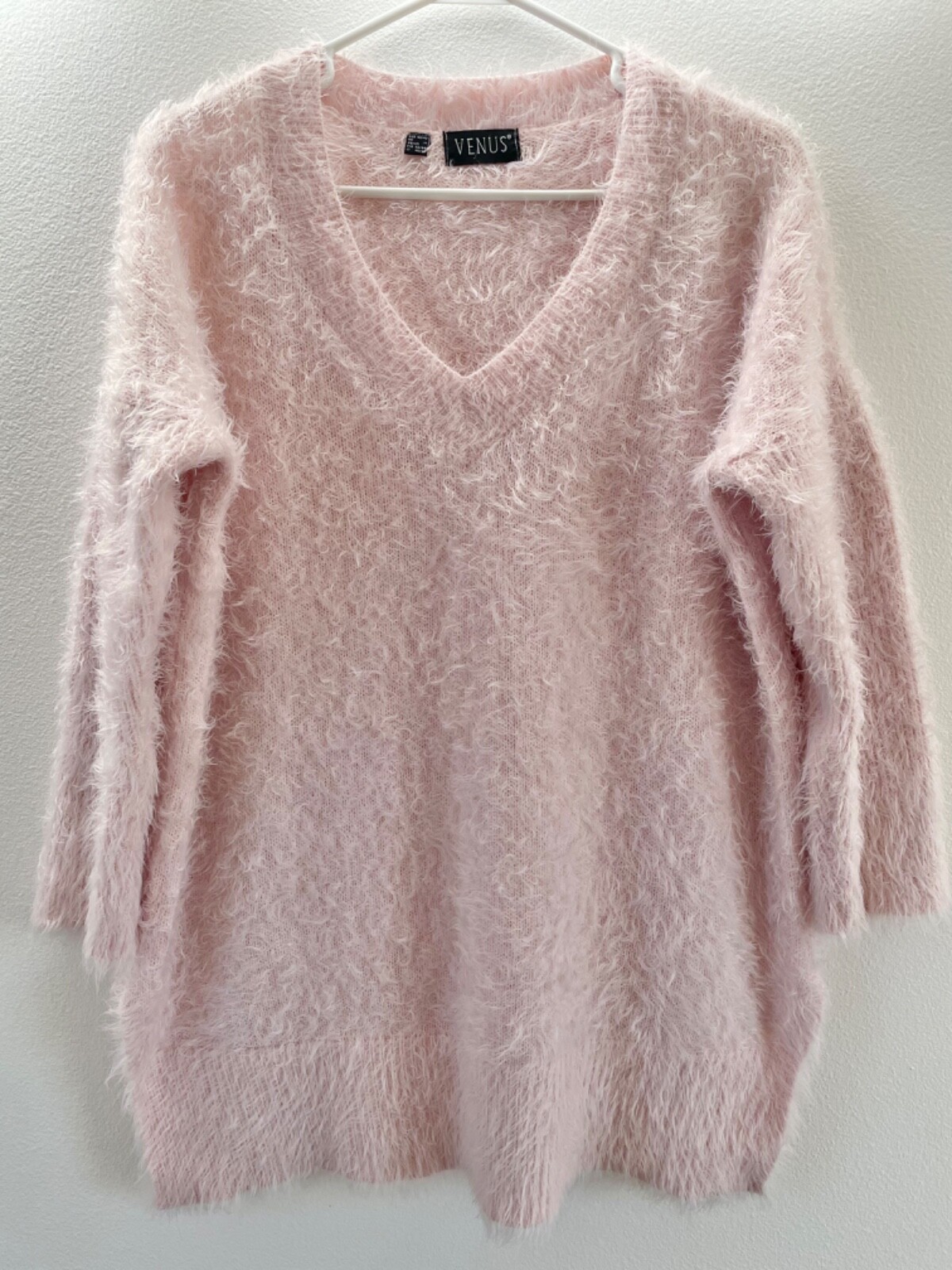 Venus Light Pink Fluffy Faux Fur Sweater with V-Neck and 3/4 Sleeves