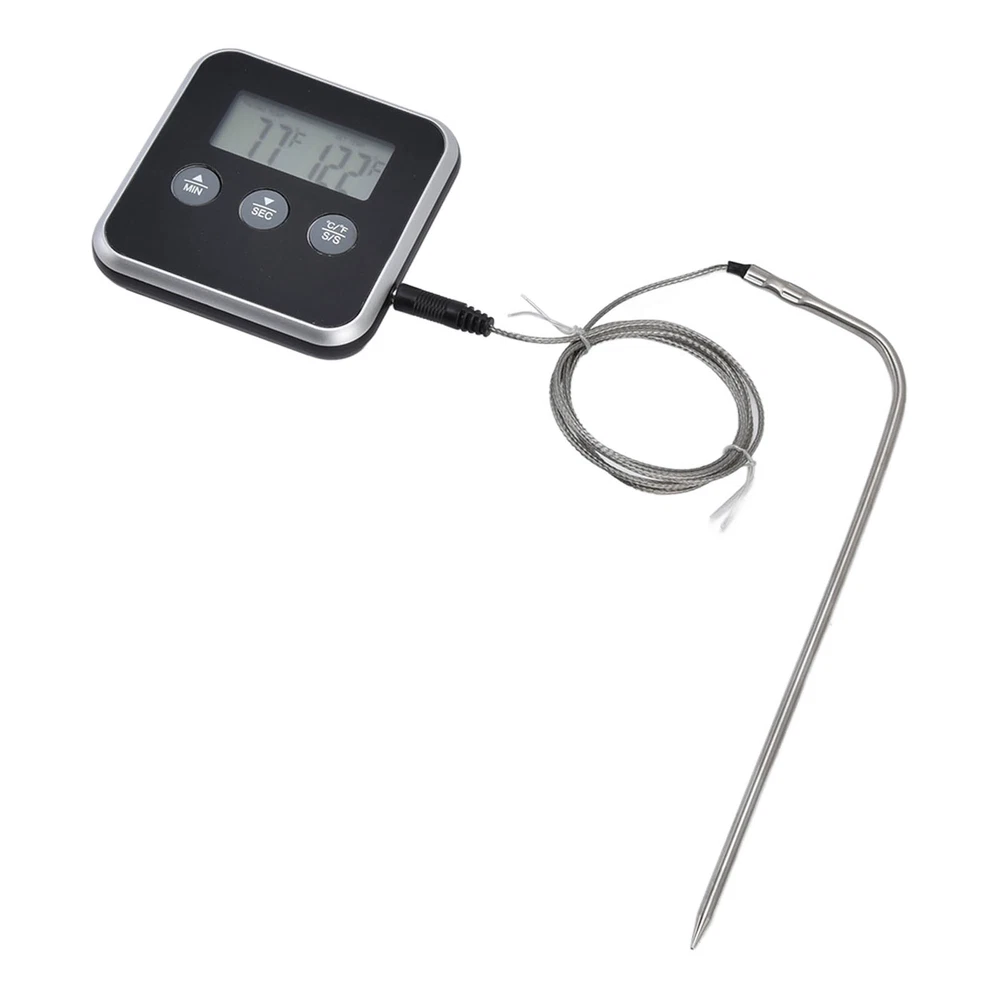 (Black)Meat Thermometer Smart 3 Buttons Digital LED Display Multifunctional O