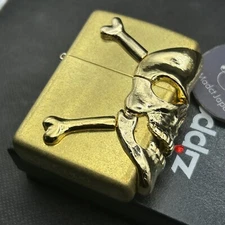 Zippo Oil Lighter Big Skull Metal 3 Sides Regular Case Gold Japan New