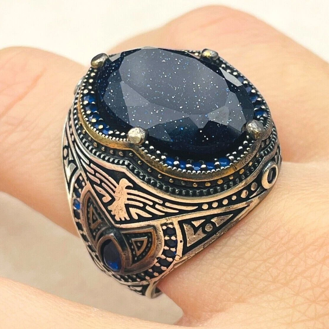 Oval Blue Galaxy Star Sandstone Silver Mens Jewelry Ring, Eagle Detailed  Ring