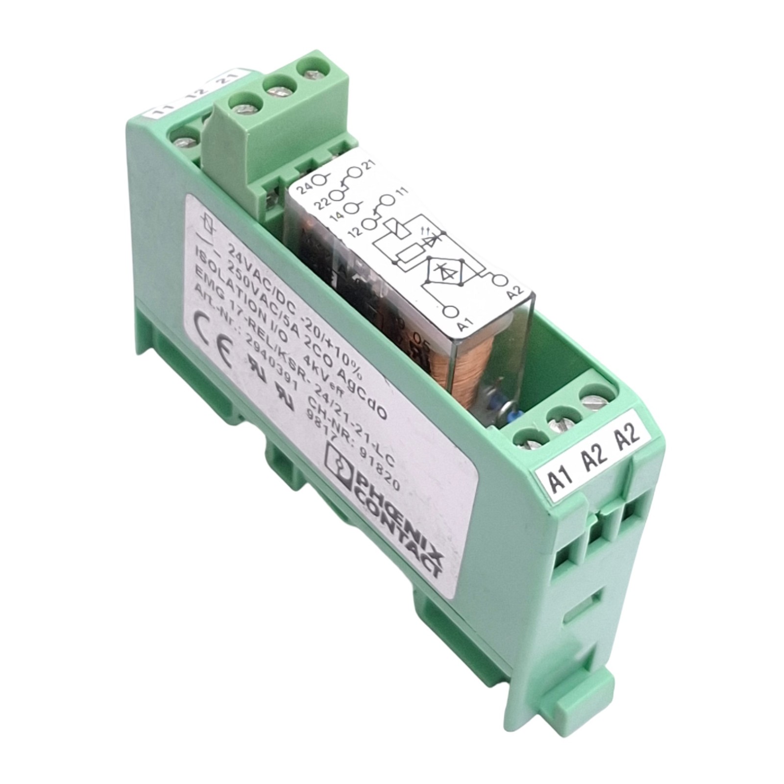 Phoenix Contact 2940391 Relay Module, DPDT, 250V 5A Max, 24VAC/DC Coil