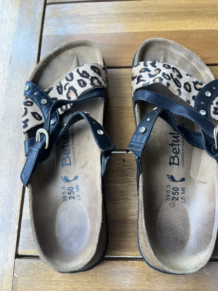 Betula Birkenstock Julie Sandalias de Cuero Negro Zapatos Estampado de Leopardo Estrás 8 Foto 2 de 4