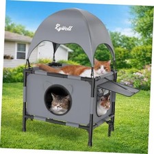 Outdoor Cat House Elevated 2-Tier Outdoor Cat Shelter with Canopy, Multi