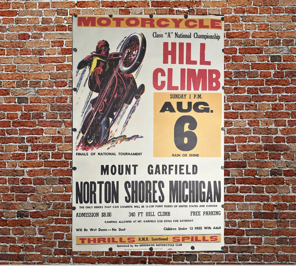 20 世纪 50 年代加菲尔德山摩托车爬山海报! 老式 21x32 密歇根赛车 — 第 3/4 张图片