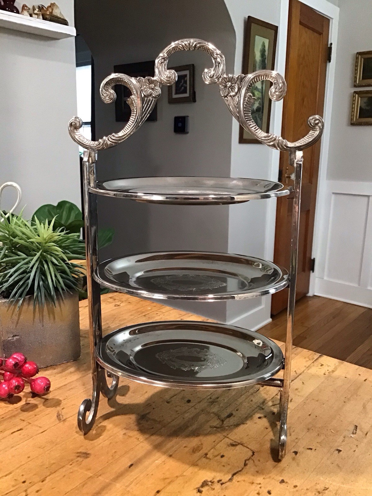 Vintage Edwardian Style  3 Tier Removable  Cake/Candy Stand Engraved Silverplate