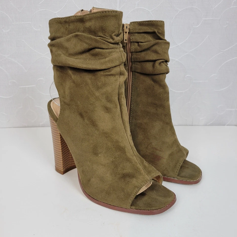Liliana Anson Womens Boots 7.5 Olive Suede Peep Toe Ankle Cutout Block Heel - Image 3 of 4